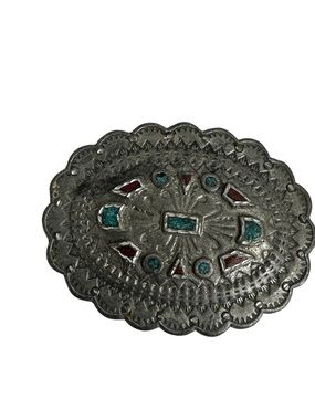 VTG Southwestern Engraved Belt Buckle Turquoise Red Stone Inlay Silver tone USA